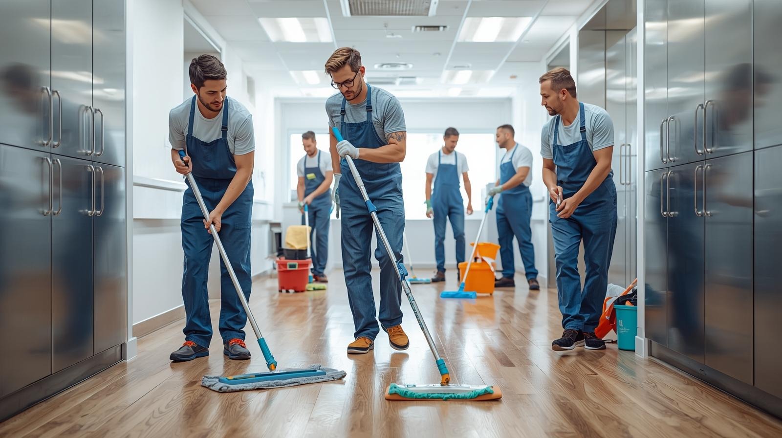 A diverse group of Caucasian men, all appearing to be professional cleaners, are depicted in a well-lit, clean environment. The image showcases them in action, perhaps in the process of polishing floors (1)